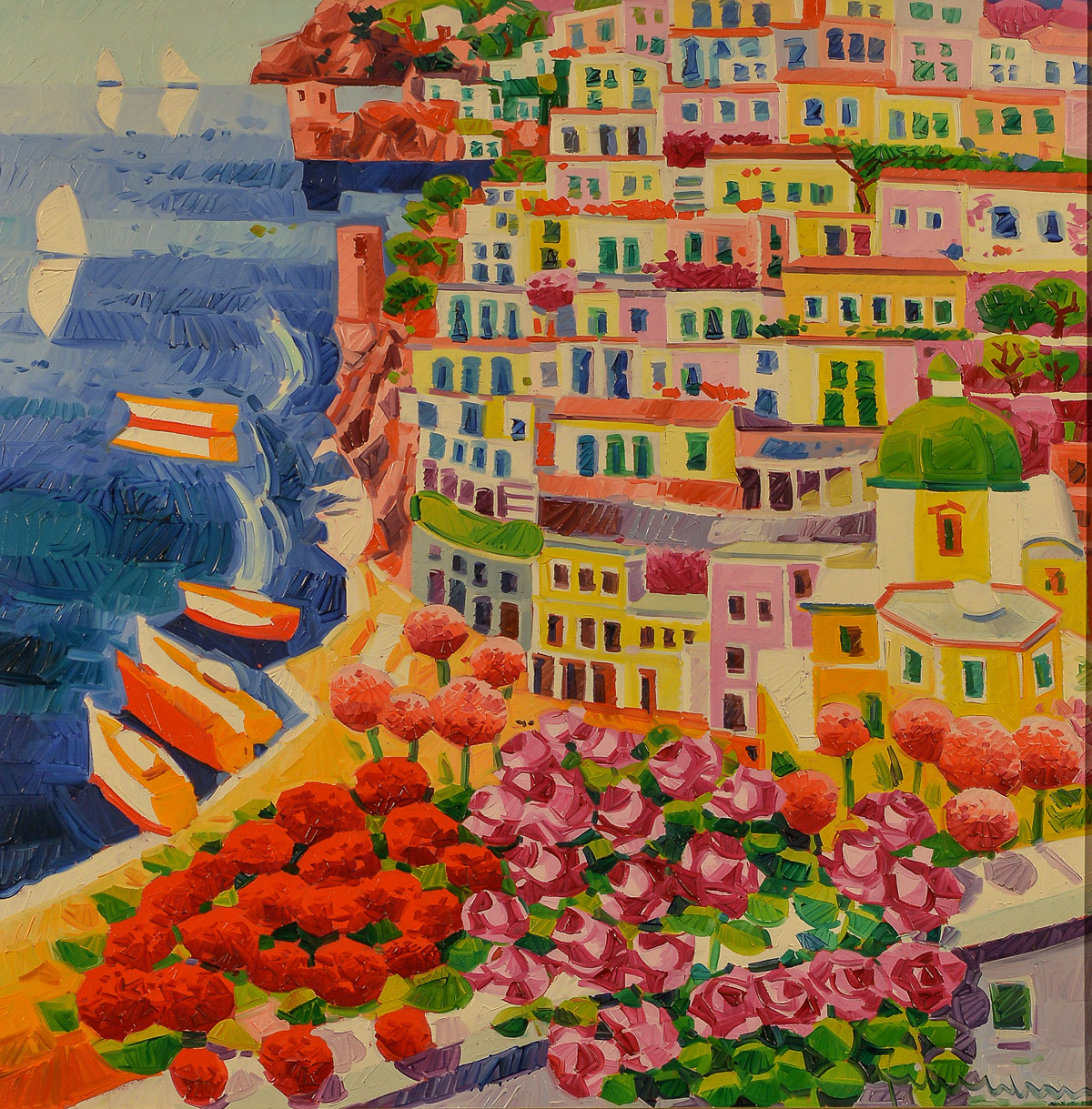 Athos Faccincani (1951), "Dolci ricordi a Positano", olio su tela, firmato in basso a destra, H cm