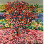 Athos Faccincani (1951) , "Albero di rose rosa in tappeto di petali", olio su tela, firmato in basso