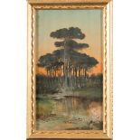 Henry Marko' (1855 - 1921), "Pineta al tramonto", olio su tela firmato in basso a destra H Marko', H