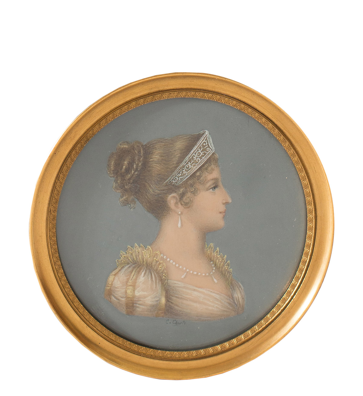 Miniatura su avorio raffigurante "Paolina Bonaparte", firmata C.Charly, XIX sec., diametro cm 7