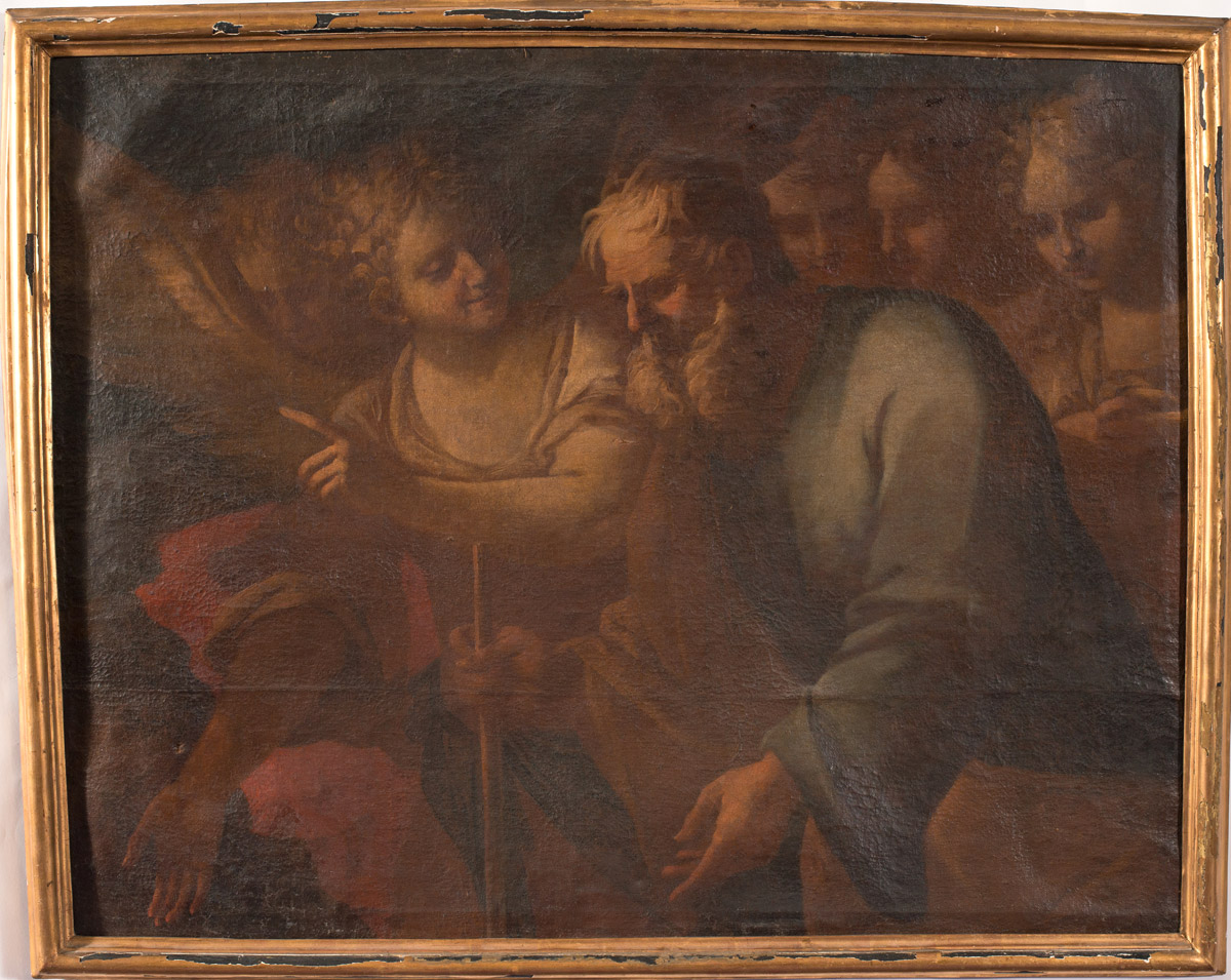 Scuola Emiliana del XVIII sec., "Fuga di Loth con la moglie e le figlie", olio su tela, H cm 101x128