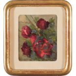 Agostino Zucchini (1894 - 1972), "Natura morta con rose rosse", olio su cartone, firmato in basso