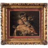 Scuola Bolognese del XVIII sec., "Santa Rosa da Lima con Bambin Gesu'", olio su tela, H cm 38x43