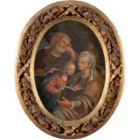 Pittore del XIX sec., "Educazione della Vergine", olio su tavola, entro bella cornice antica in