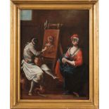 Scuola Veneta del XVIII sec., "Arlecchino ritrae Colombina", olio su tela, H cm 55x42