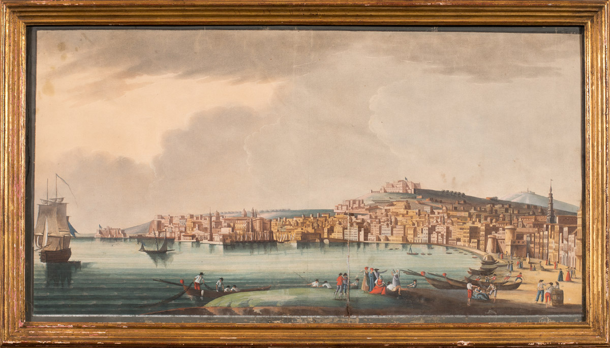 “Golfo di Napoli”, incisione acquerellata, fine del XIX sec. - primi anni del XX sec., H cm 33x62.5
