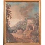 Scuola bolognese del XVIII sec., “Paesaggio con viandanti”, tempera su tela, H cm 129x108