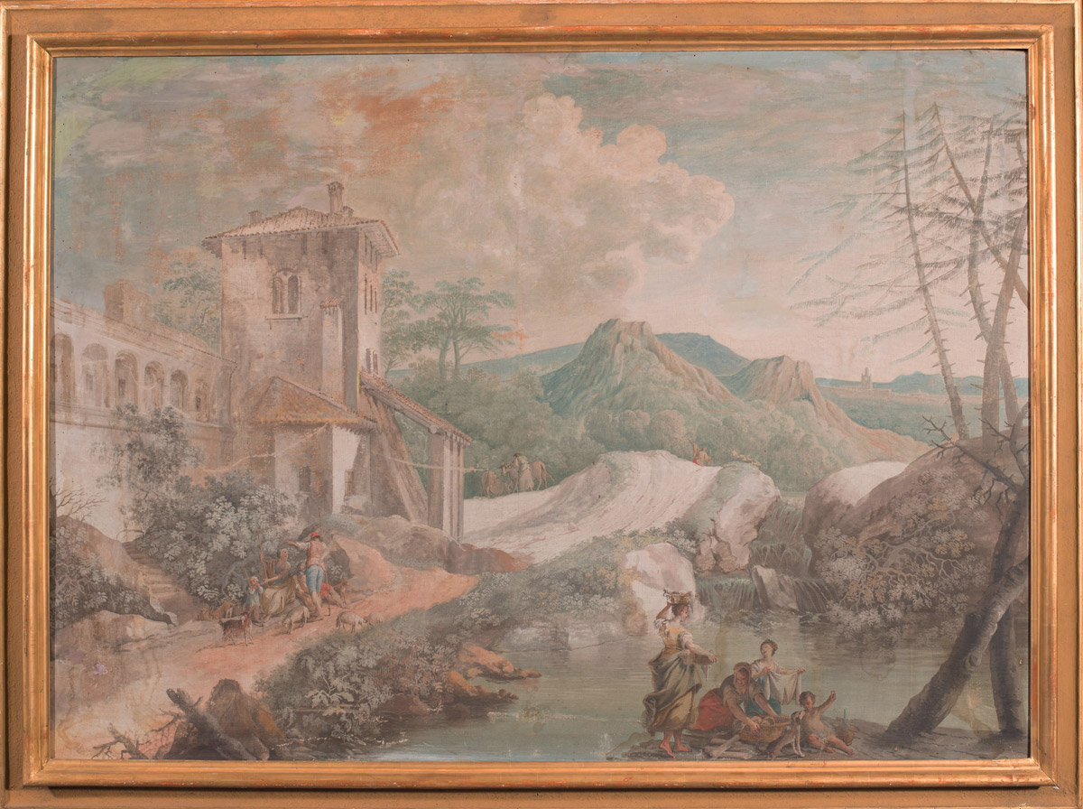 Pittore bolognese della fine del XVIII sec., “Paesaggio fluviale con figure”, tempera su tela, H