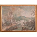 Pittore bolognese della fine del XVIII sec., “Paesaggio fluviale con figure”, tempera su tela, H