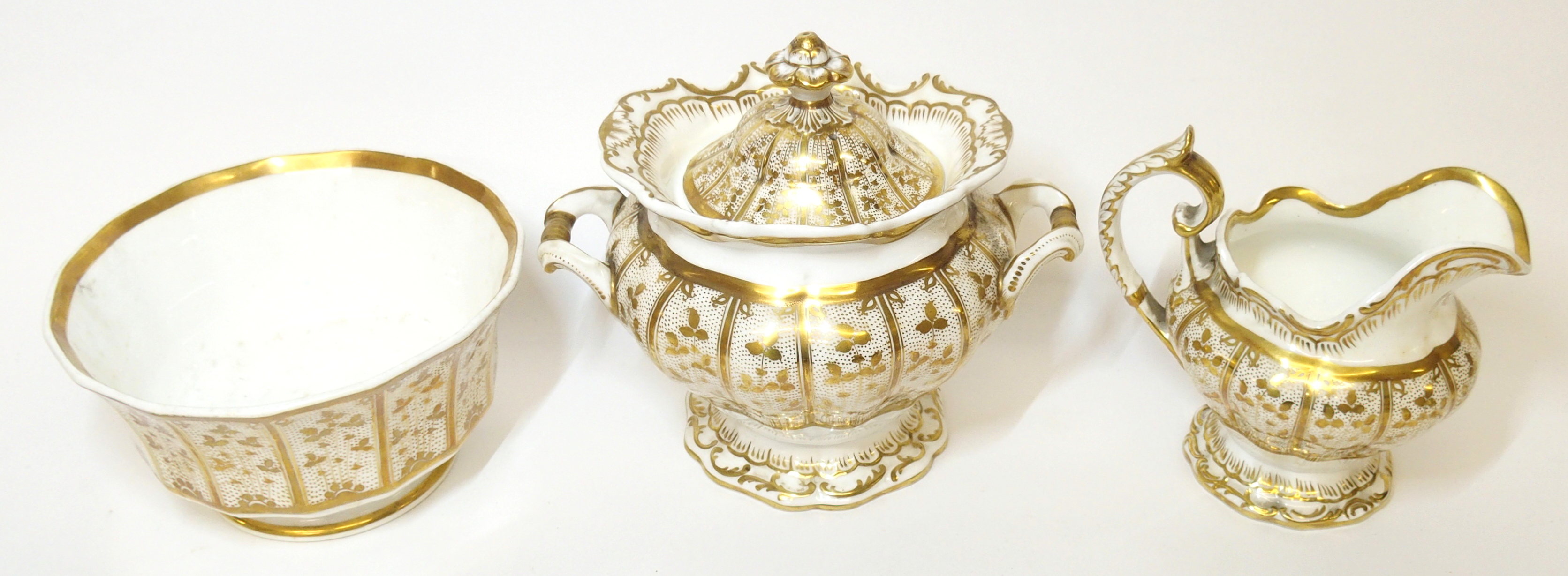 A Spode porcelain tea service, 19th Century gilt stylized vines to white ground, comprising; a - Image 9 of 13