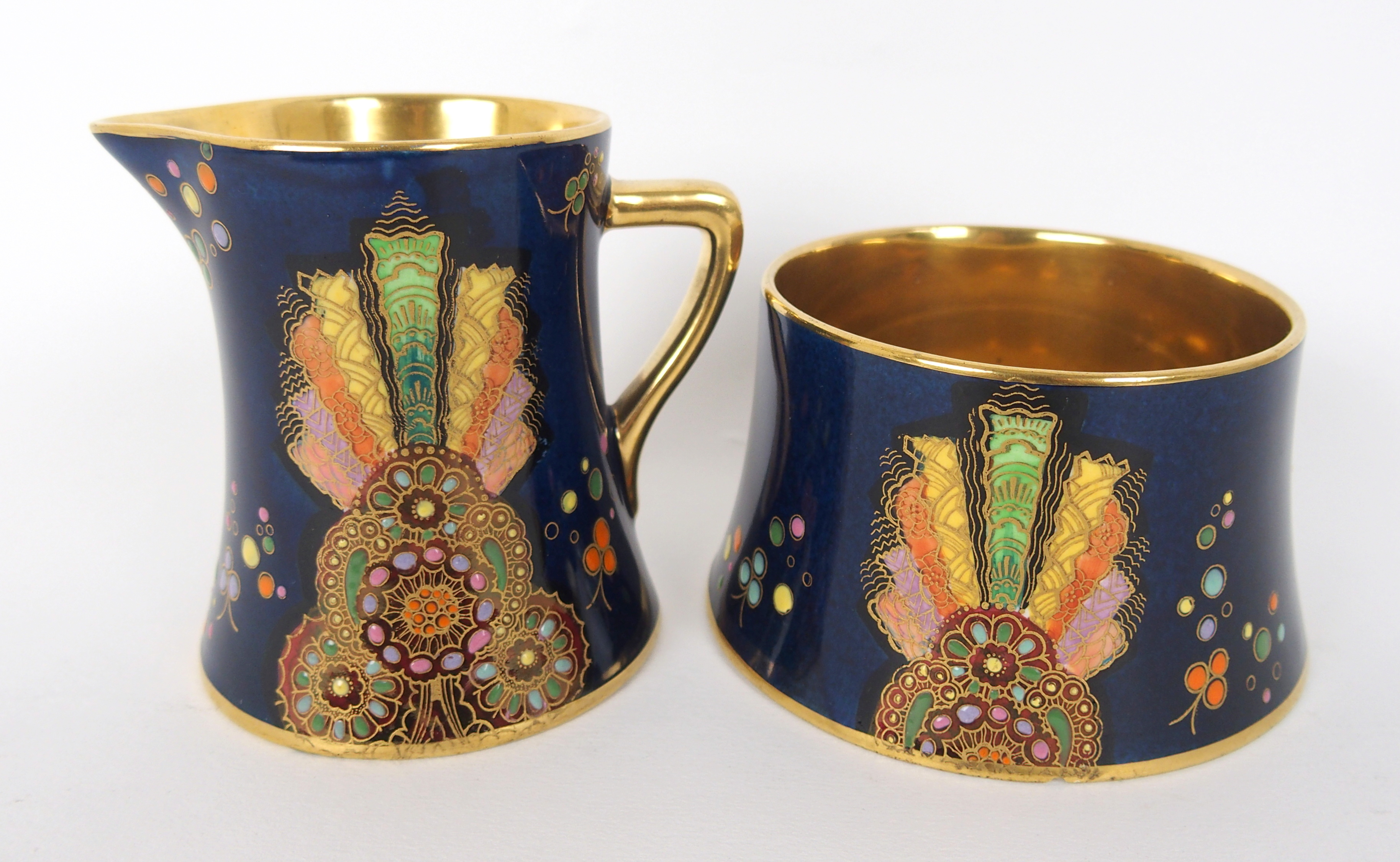 A Carlton Ware Art Deco coffee set painted with fan shaped panels and scattered flowers - Image 3 of 13