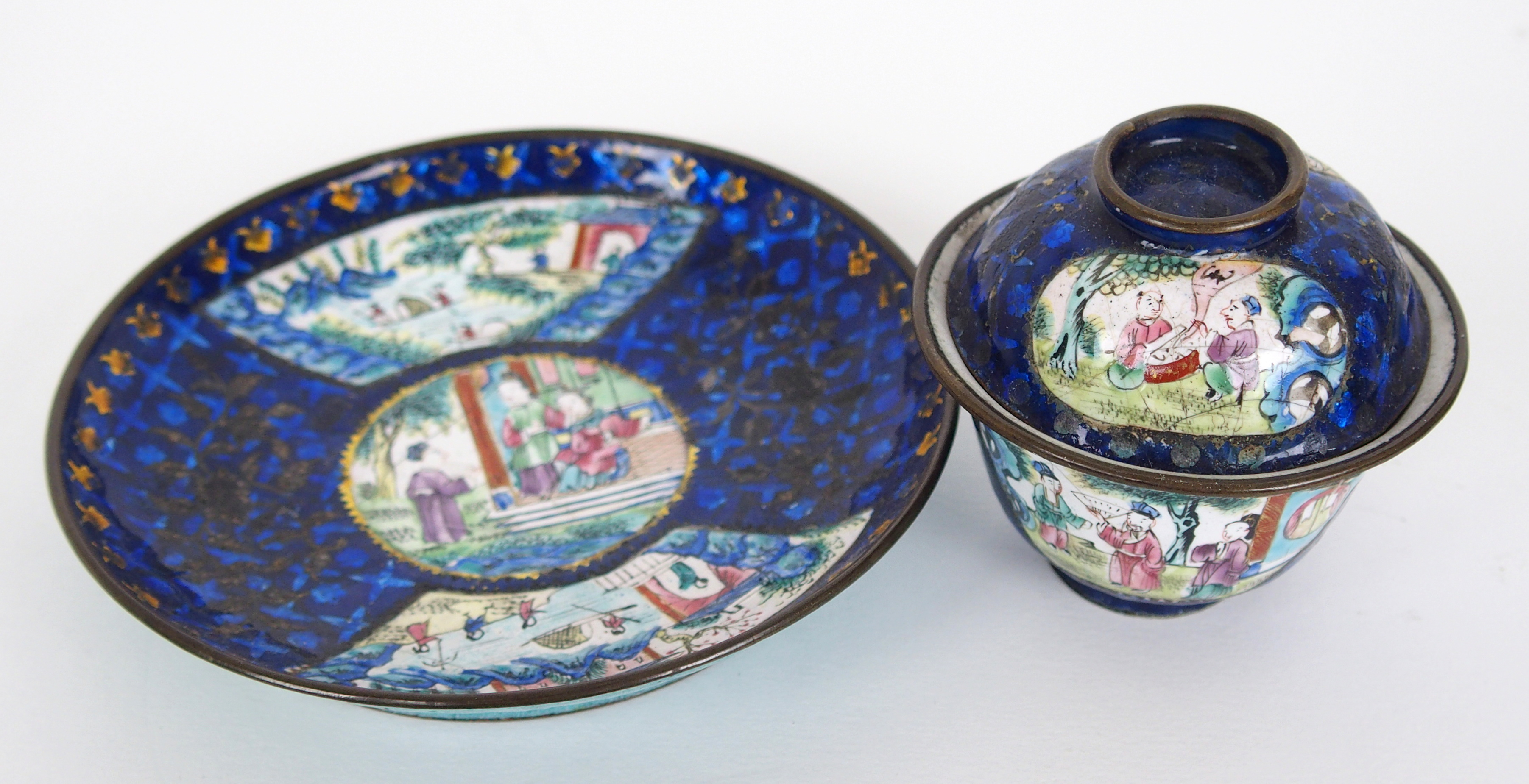 A pair of Canton enamel teabowls covers and saucers painted with figures on balconies on a blue - Image 2 of 11
