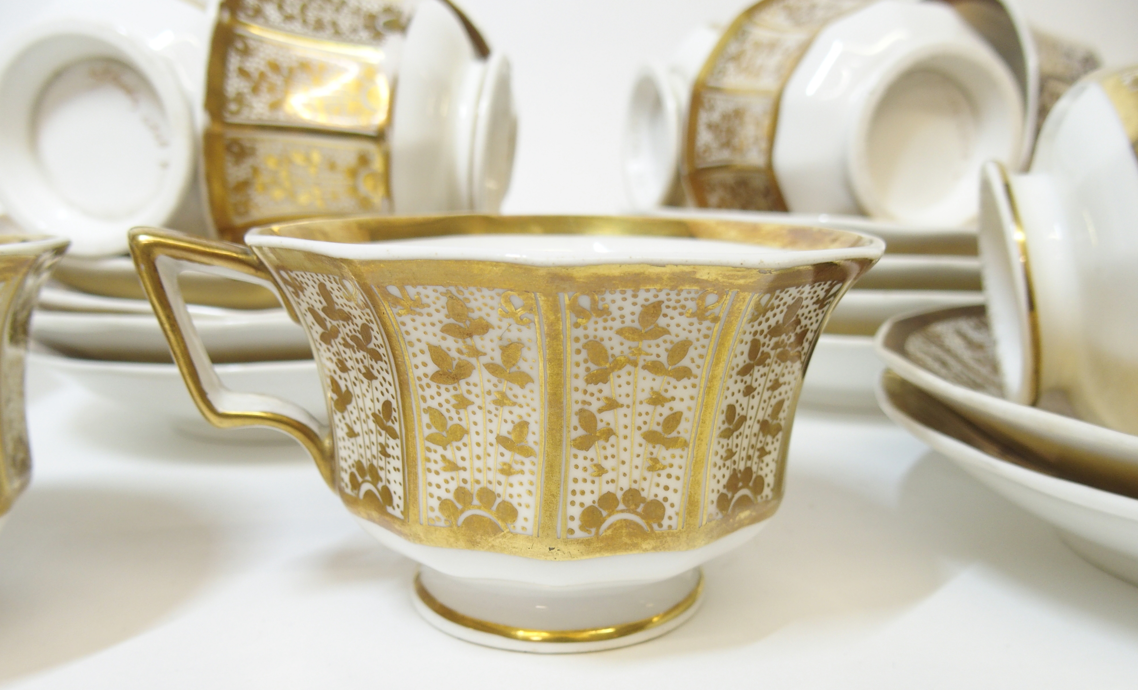 A Spode porcelain tea service, 19th Century gilt stylized vines to white ground, comprising; a - Image 11 of 13