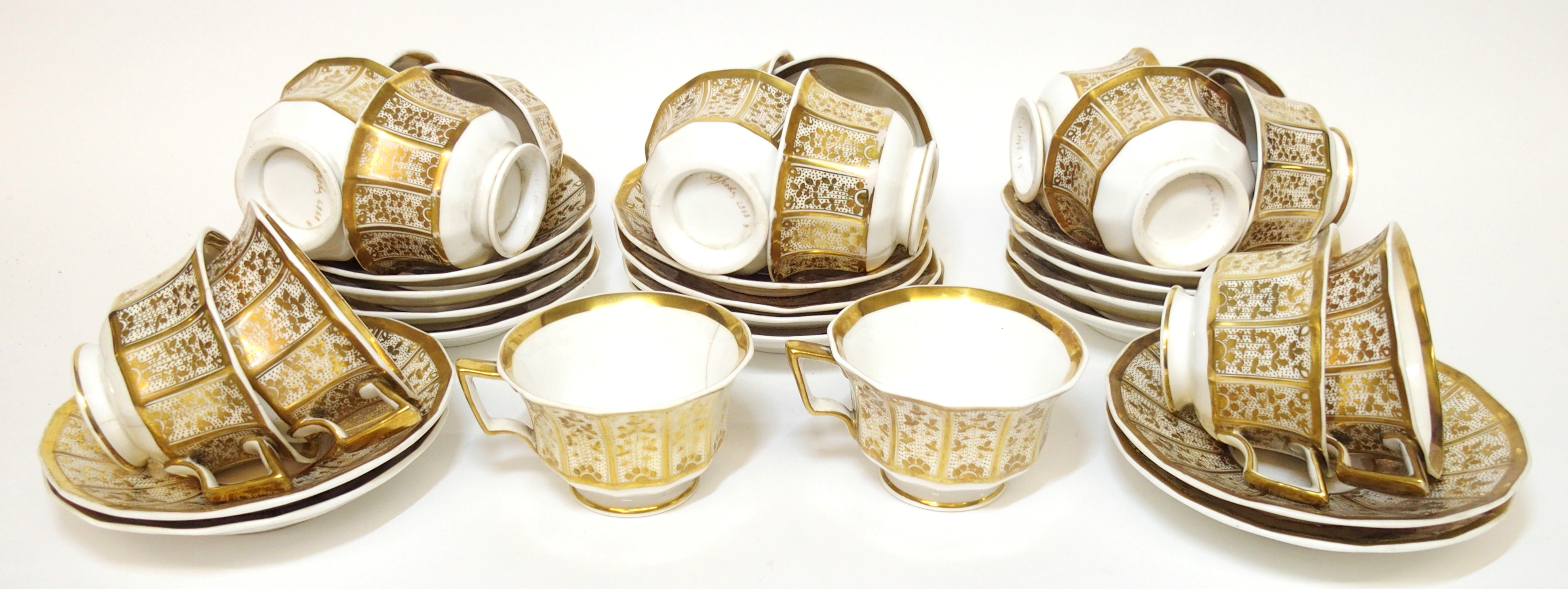 A Spode porcelain tea service, 19th Century gilt stylized vines to white ground, comprising; a - Image 10 of 13