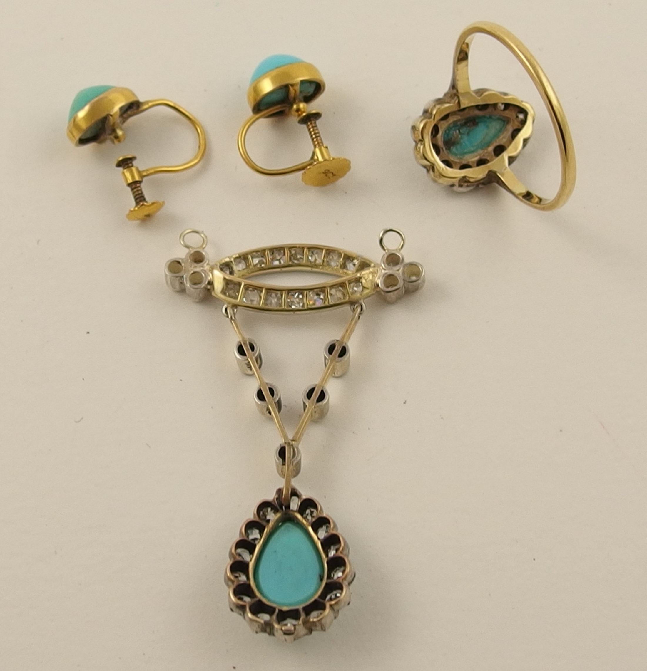 A turquoise and diamond pendant a pear shaped turquoise surrounded by old cut diamonds suspended - Image 6 of 7