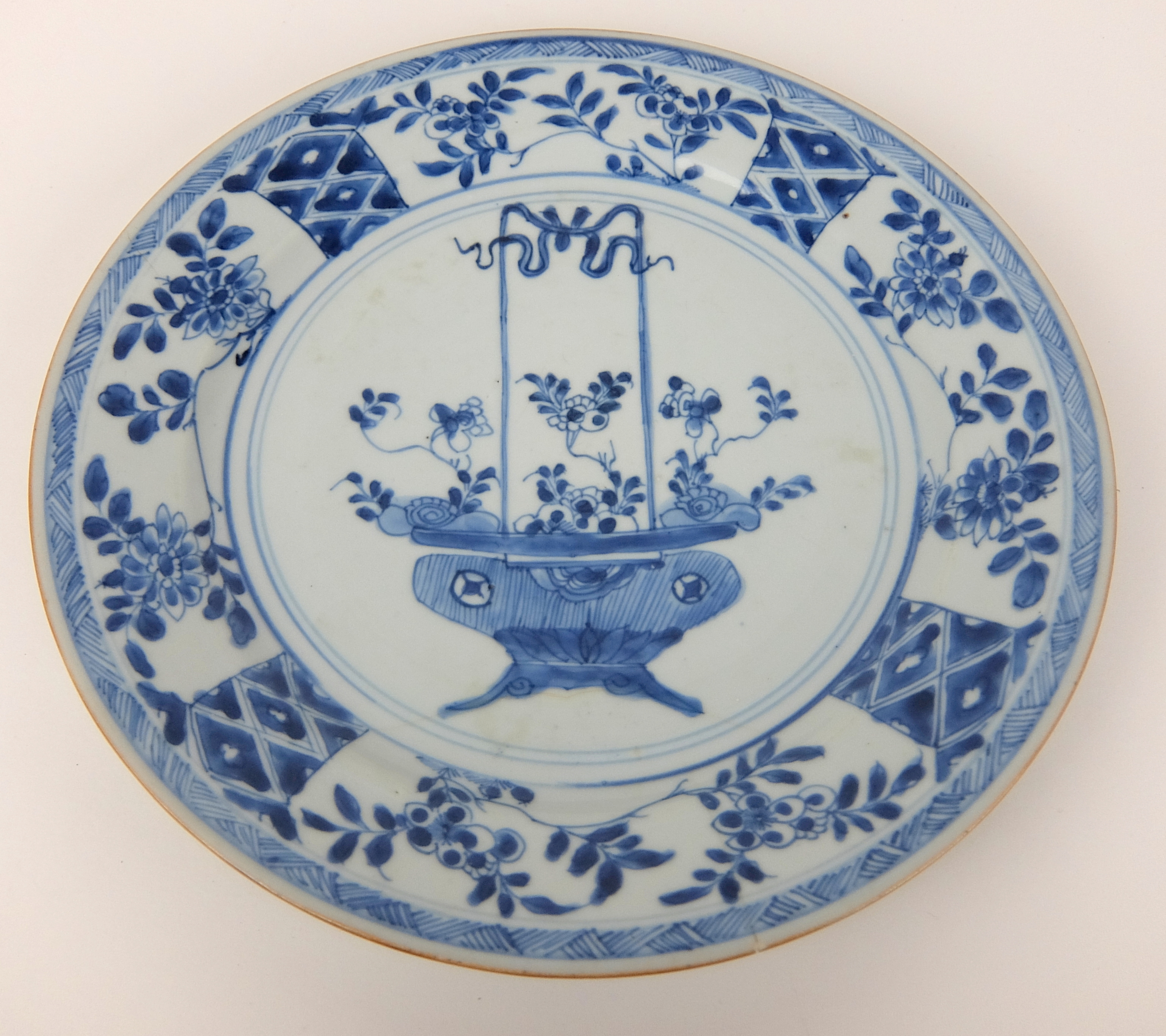 Two Chinese plates painted with a basket of flowers and a female garden (both cracked), 27.5cm - Image 2 of 12