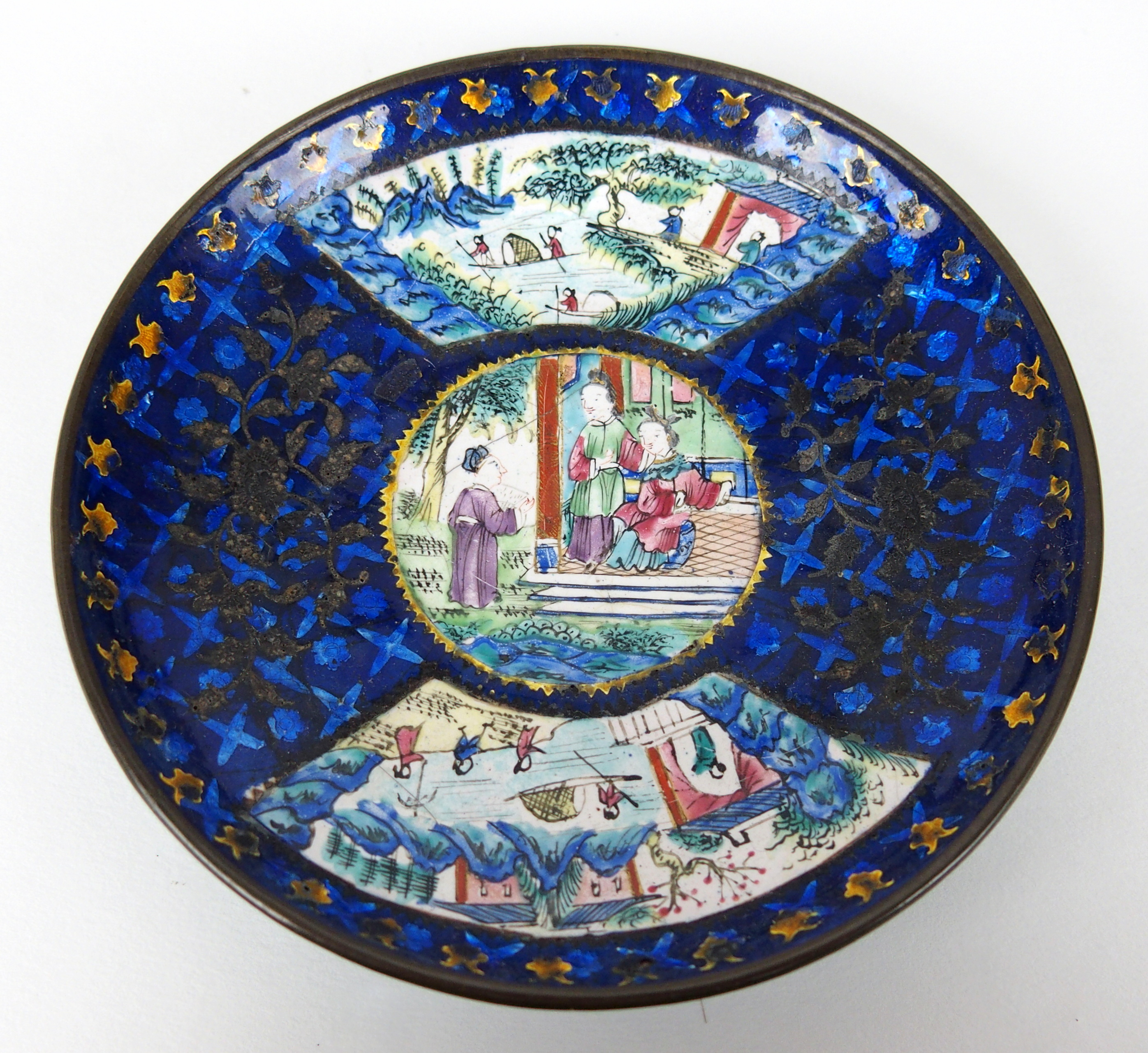 A pair of Canton enamel teabowls covers and saucers painted with figures on balconies on a blue - Image 5 of 11