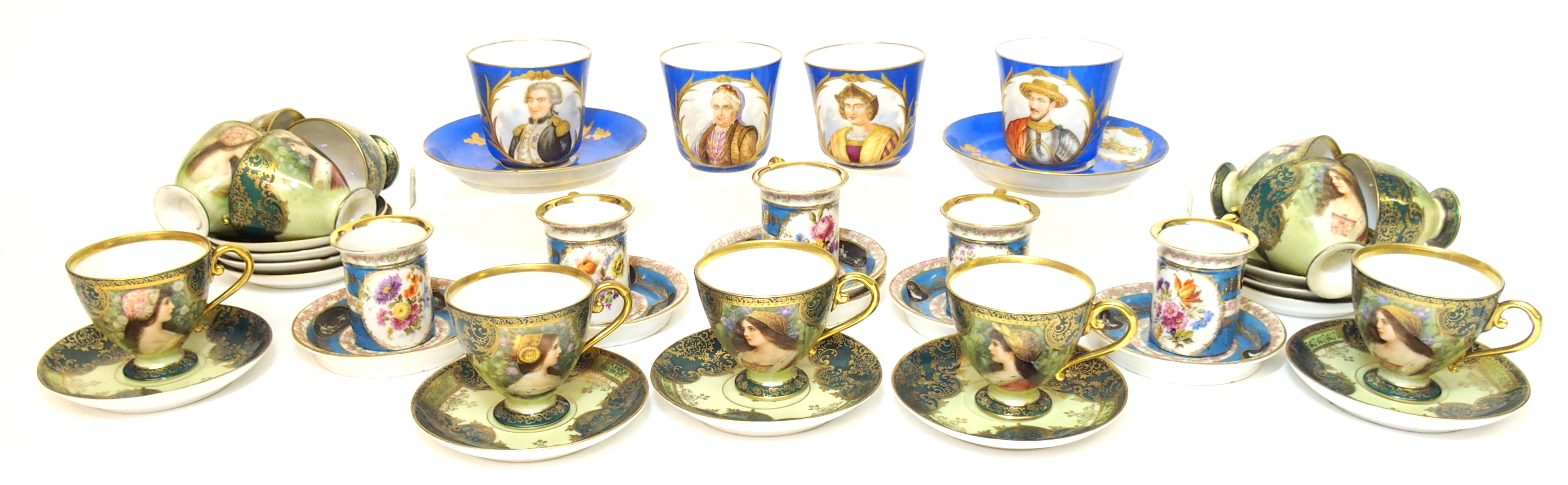 A collection of Continental painted porcelain coffee cups and saucers a group of twelve parcel