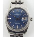 A stainless steel gents watch the metallic blue dial marked Rolex Oyster perpetual datejust