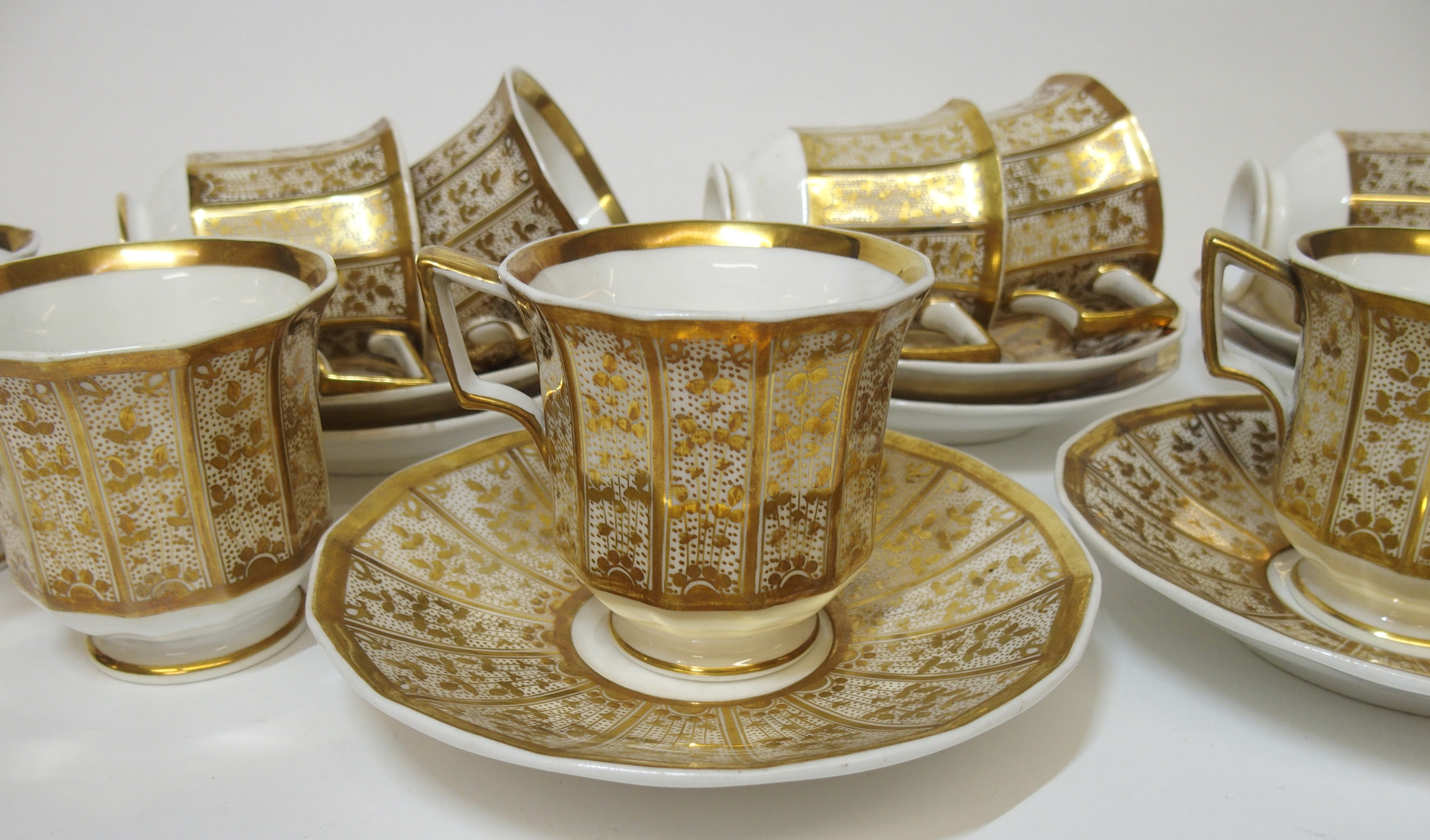 A Spode porcelain tea service, 19th Century gilt stylized vines to white ground, comprising; a - Image 13 of 13