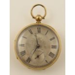 An 18ct small pocket watch with silver coloured flower engraved dial, black Roman numerals, a