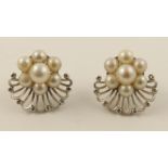 A pair of pearl and diamond cluster earrings in unhallmarked white metal , six pearls of approx