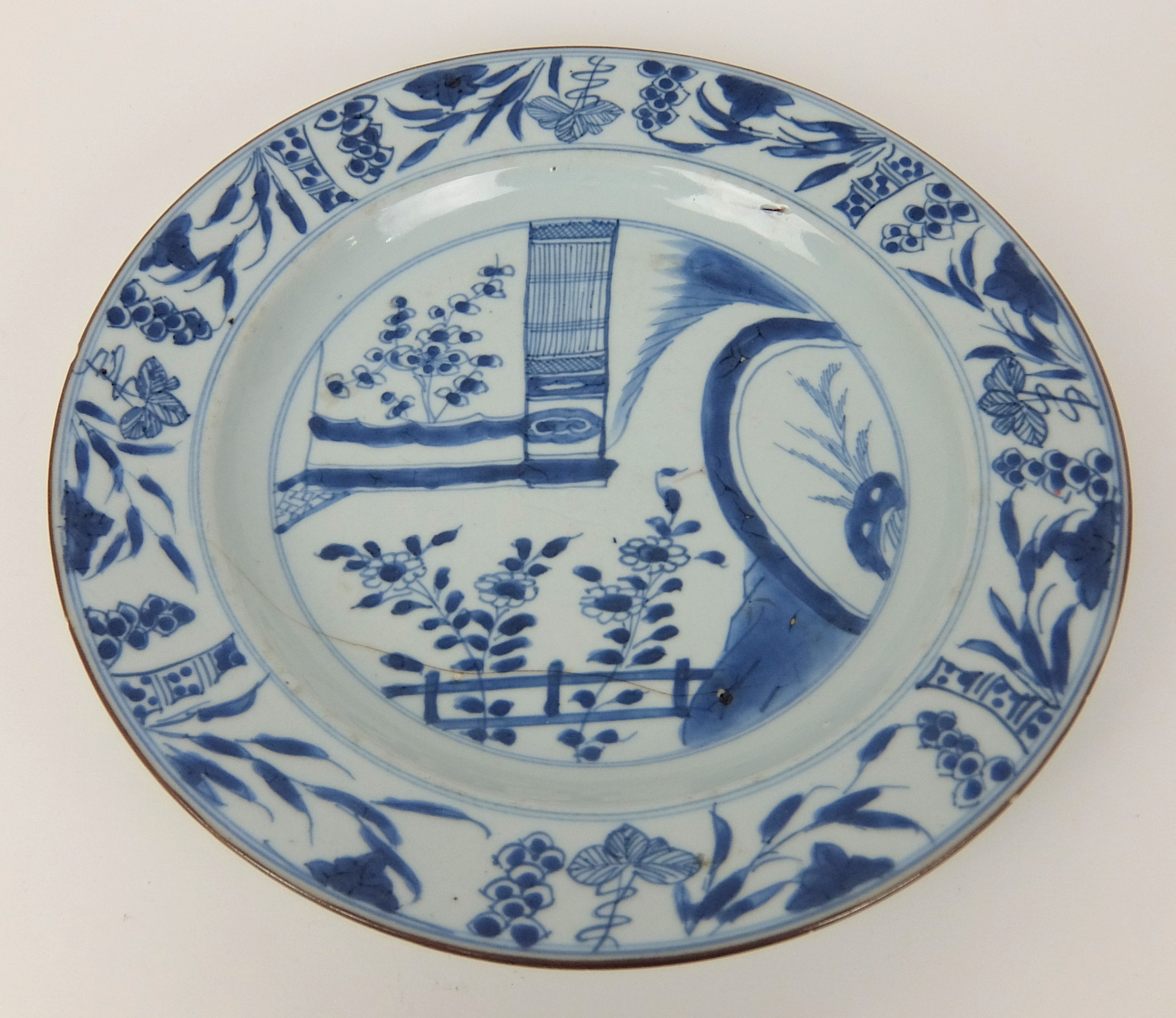 Two Chinese plates painted with a basket of flowers and a female garden (both cracked), 27.5cm - Image 6 of 12