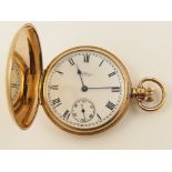 A Waltham 9ct full hunter pocket watch the white enamel dial with black Roman numerals, subsidiary