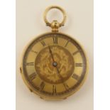 A small 18ct open faced pocket watch with gold coloured dial engraved with floral motifs, with black