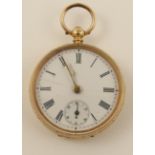 A small open faced 14ct pocket watch with white enamelled dial with black Roman numerals, and