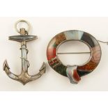 Two Scottish agate brooches shaped as an anchor and a buckled belt