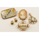 A collection of 9ct and yellow metal vintage brooches and a pair of earrings