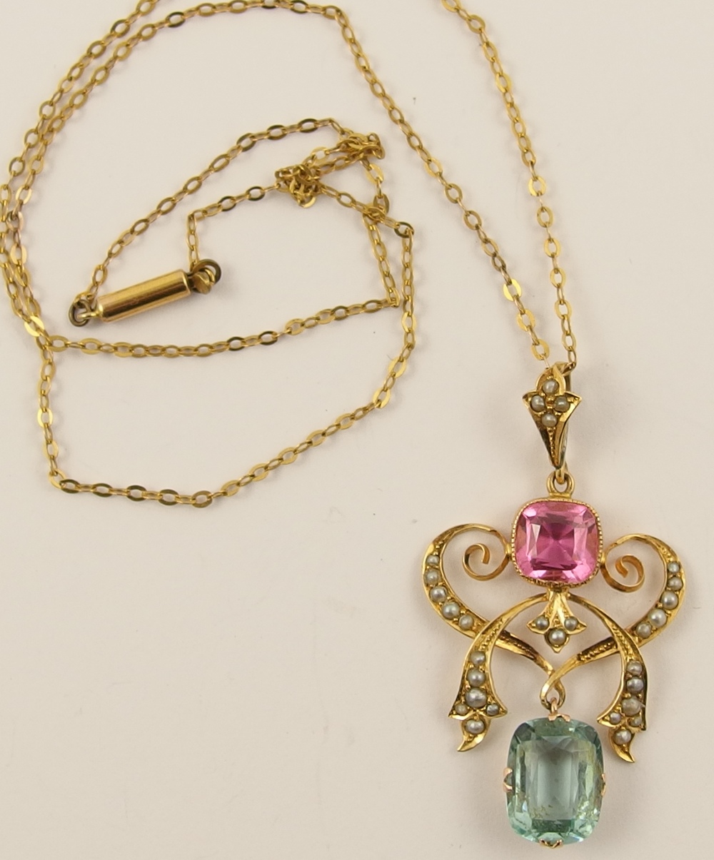 A 9ct Edwardian gem set pendant and chain