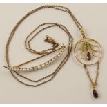 A 9ct Edwardian amethyst pearl and peridot pendant with a 14ct crescent moon pearl set brooch