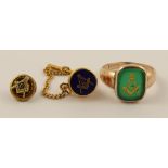 A 9ct Masonic signet ring and two Masonic pin studs