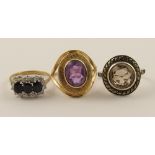 A 9ct retro amethyst set ring and two other gem set rings