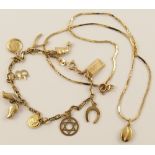 A 9ct charm bracelet and a 9ct coffee bean pendant and chain, weight approx 10.4gms