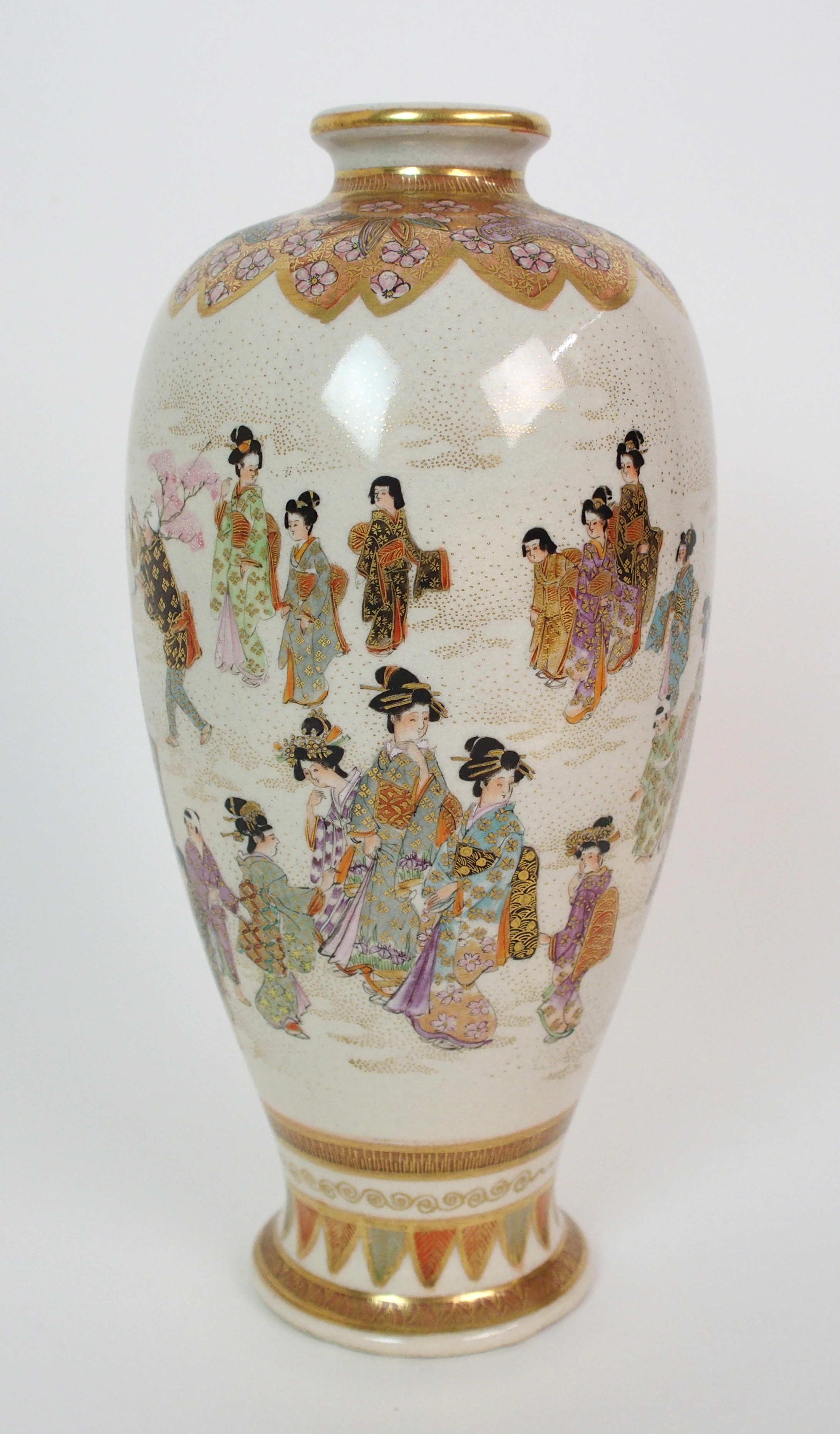 A Satsuma vase painted with numerous figures beneath a gilt foliate shoulder and above a stiff - Image 3 of 10