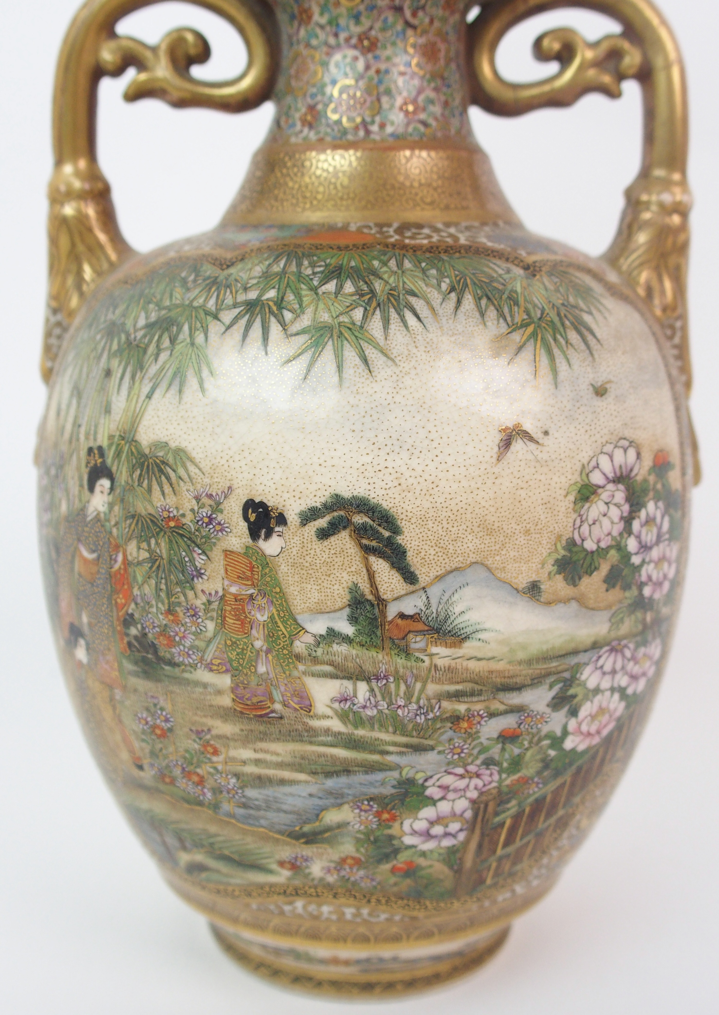 A Satsuma two-handled vase painted with figures in extensive landscapes divided by gilt diaper and - Image 2 of 10