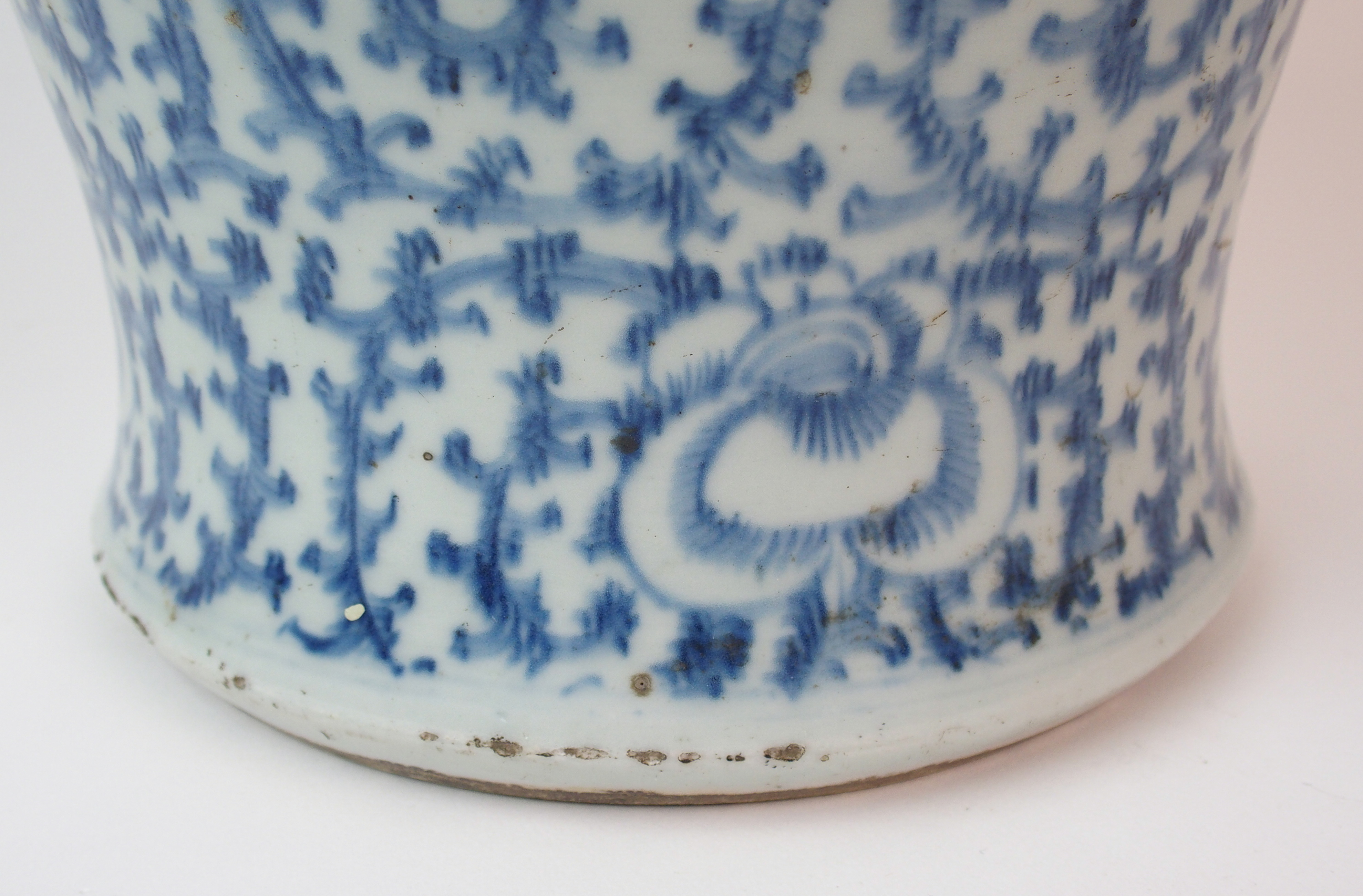 A Chinese blue and white tea jar painted with calligraphy and scrolling foliage, the domed cover and - Image 5 of 10