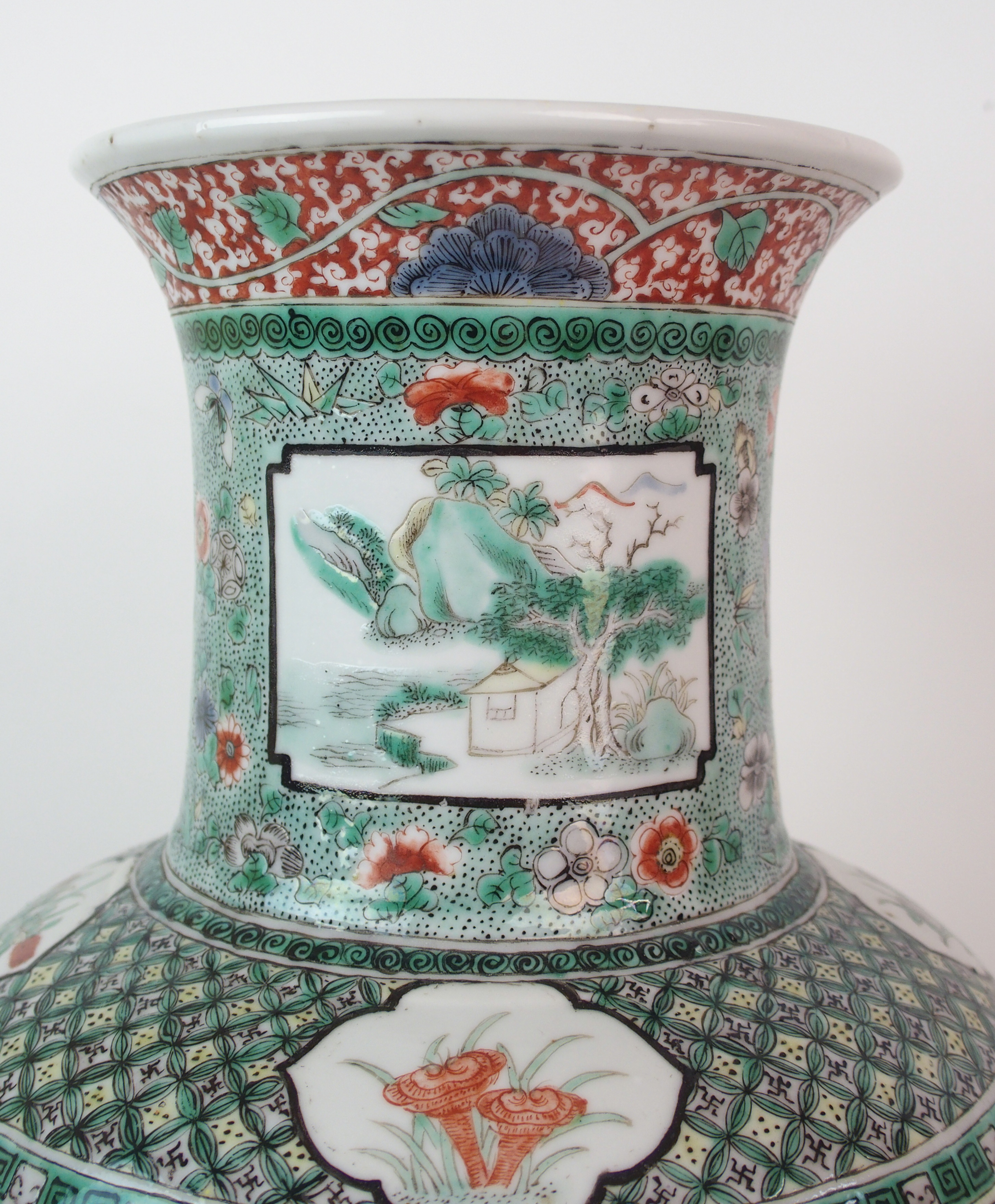 A Chinese famille verte baluster vase painted with panels of courtiers in pavilions divided by - Image 3 of 10