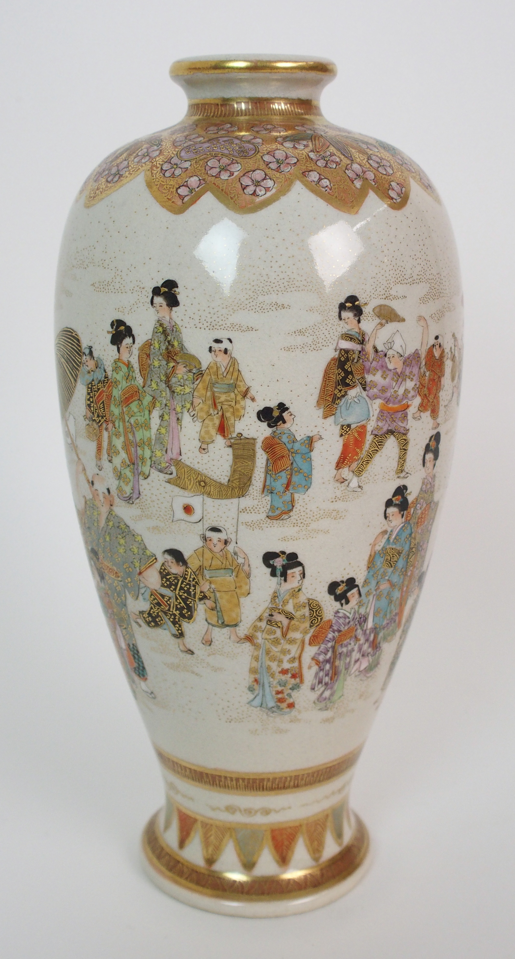 A Satsuma vase painted with numerous figures beneath a gilt foliate shoulder and above a stiff - Image 5 of 10