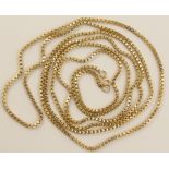 A very long 9ct box chain length 150cm, weight approx 50.8gms.