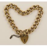 A 9ct curb link bracelet with heart shaped clasp, weight approx 34.4gms, length approx 19cm.