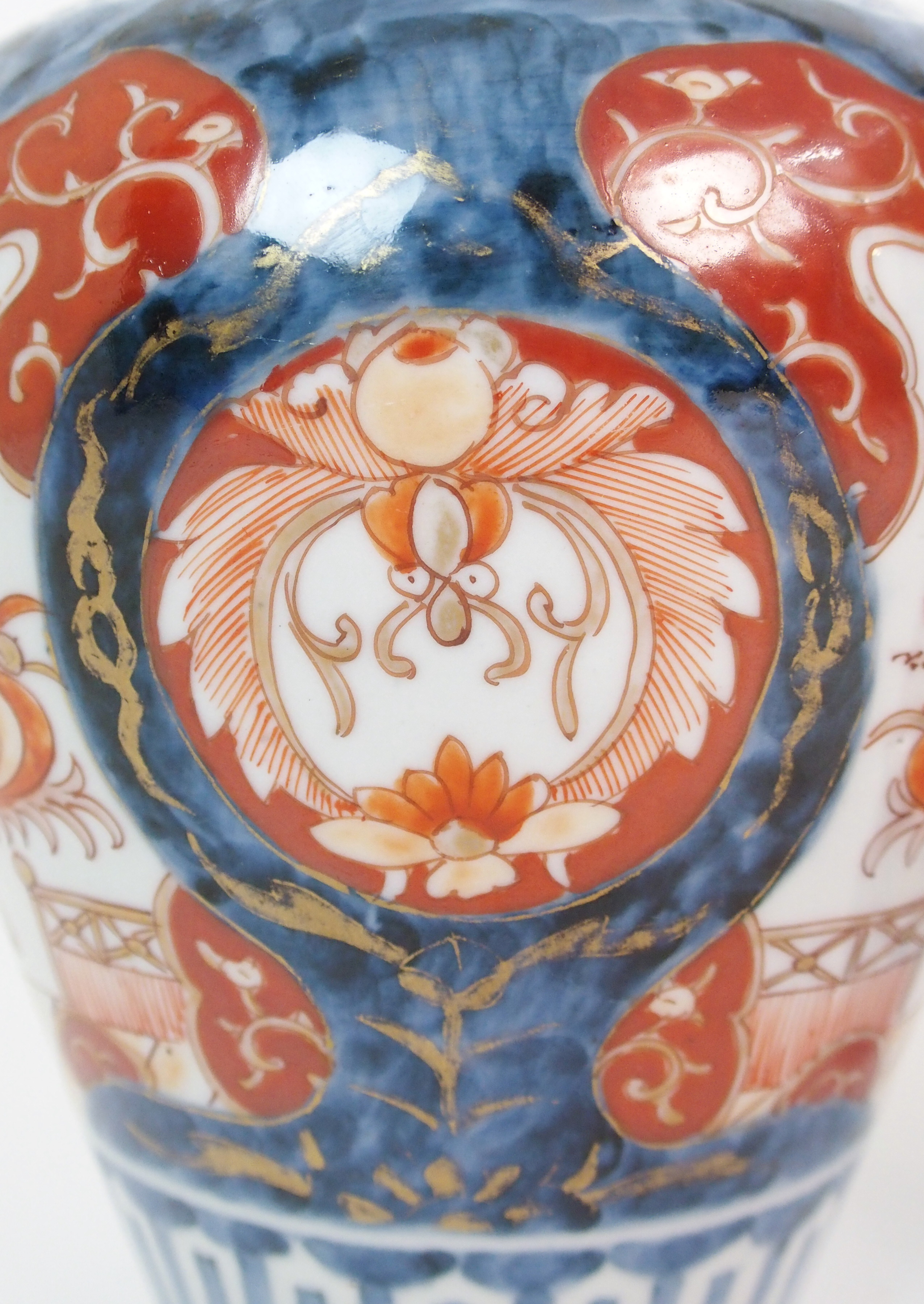 A pair of Imari baluster vases, covers and liners  painted with jardinieres of flowers and rabbits - Image 5 of 10