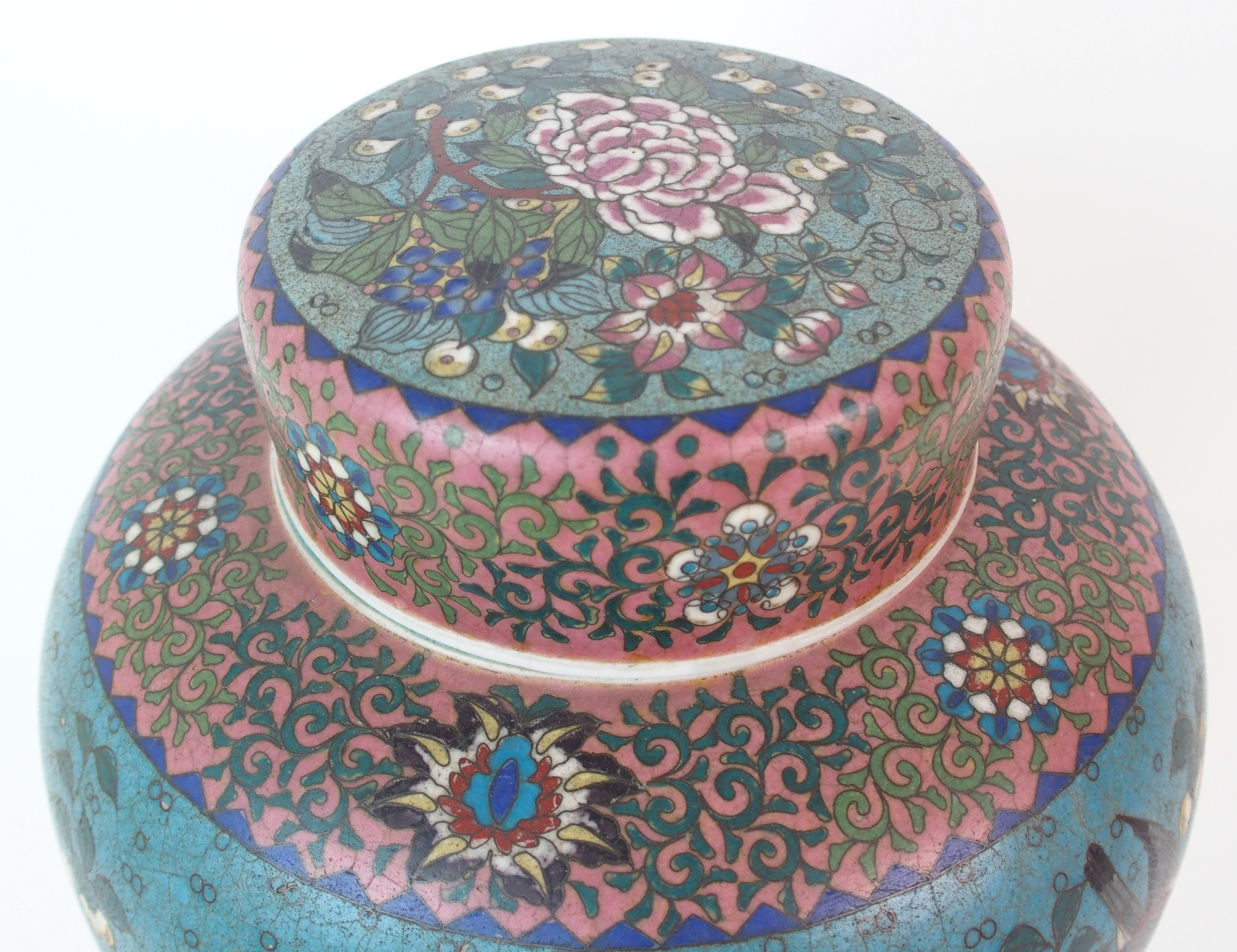A Chinese cloisonne porcelain baluster jar and cover decorated with birds amongst flowers within - Image 7 of 10