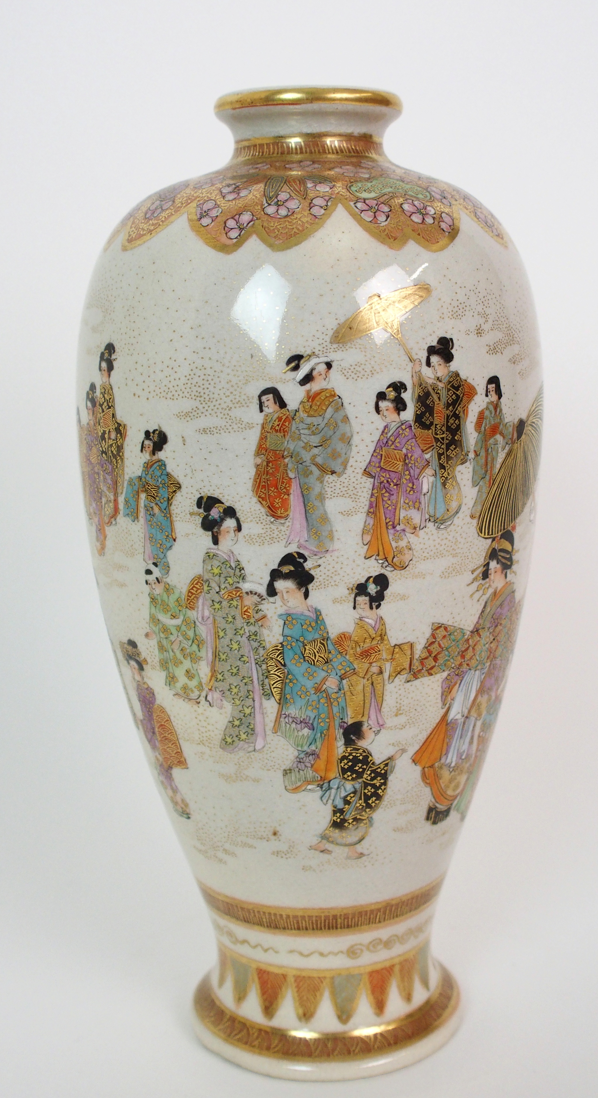 A Satsuma vase painted with numerous figures beneath a gilt foliate shoulder and above a stiff - Image 2 of 10