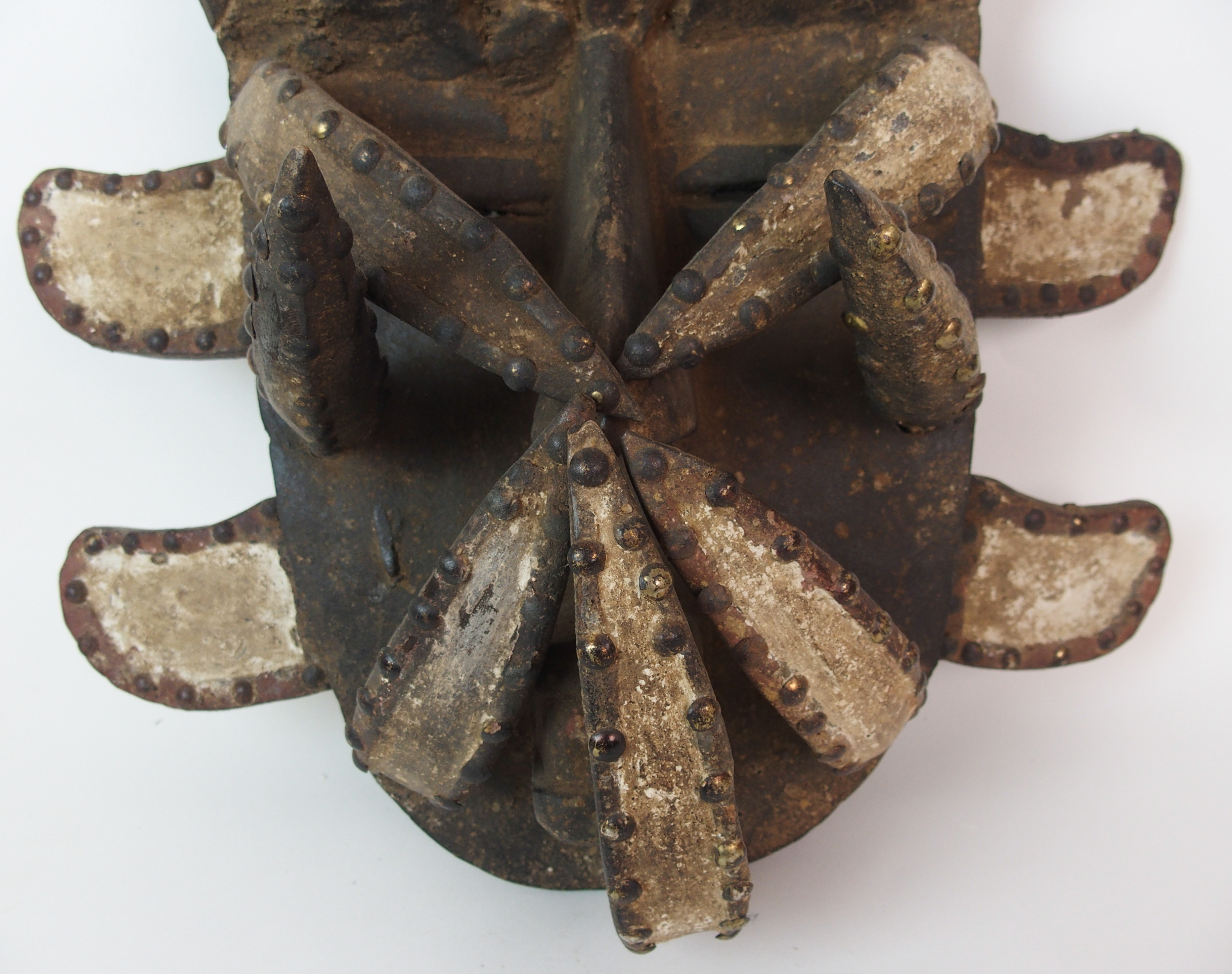 An African carved and painted wood mask with brass studded decoration, 40cm high - Image 9 of 10