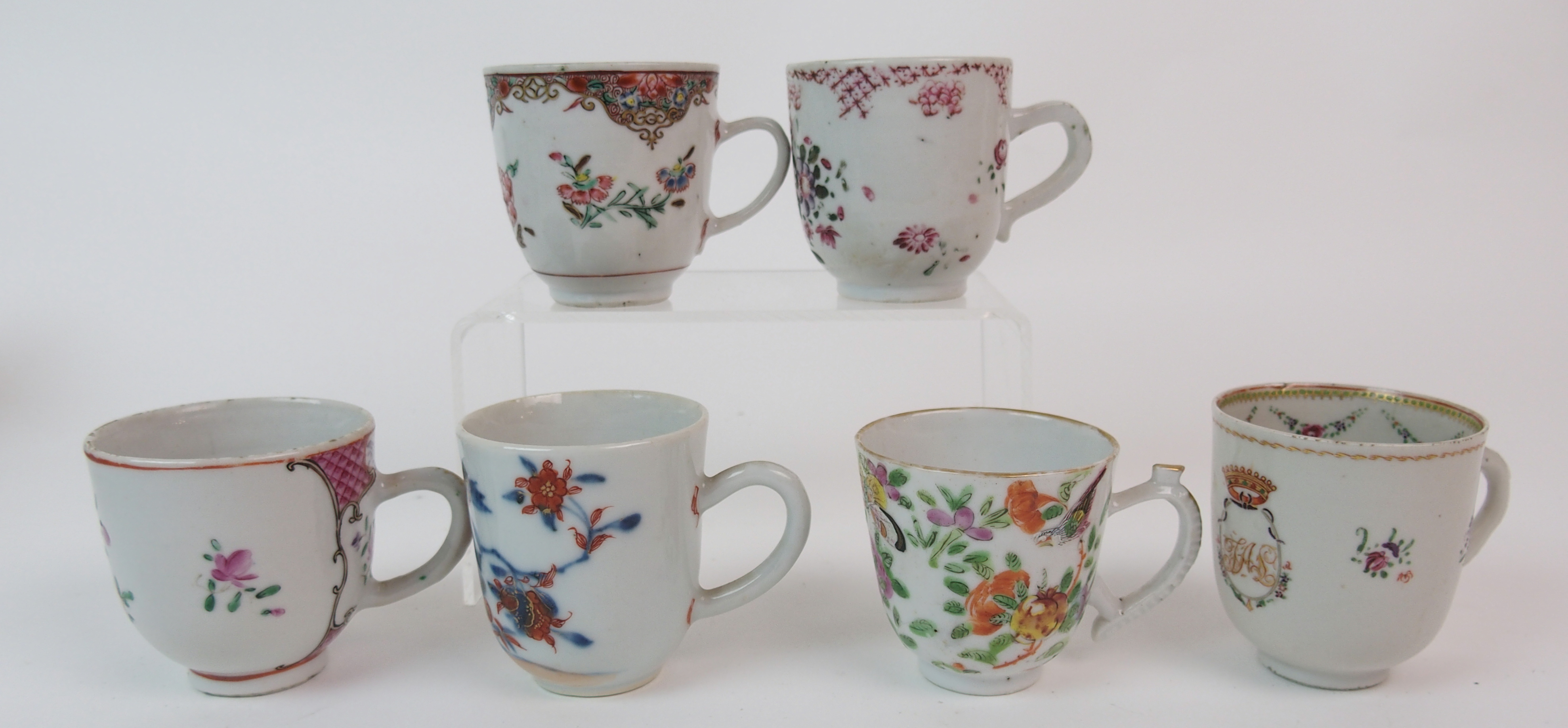 Forty Seven various Chinese export tea-cups painted with flowers, figures, birds and monograms and - Image 4 of 10