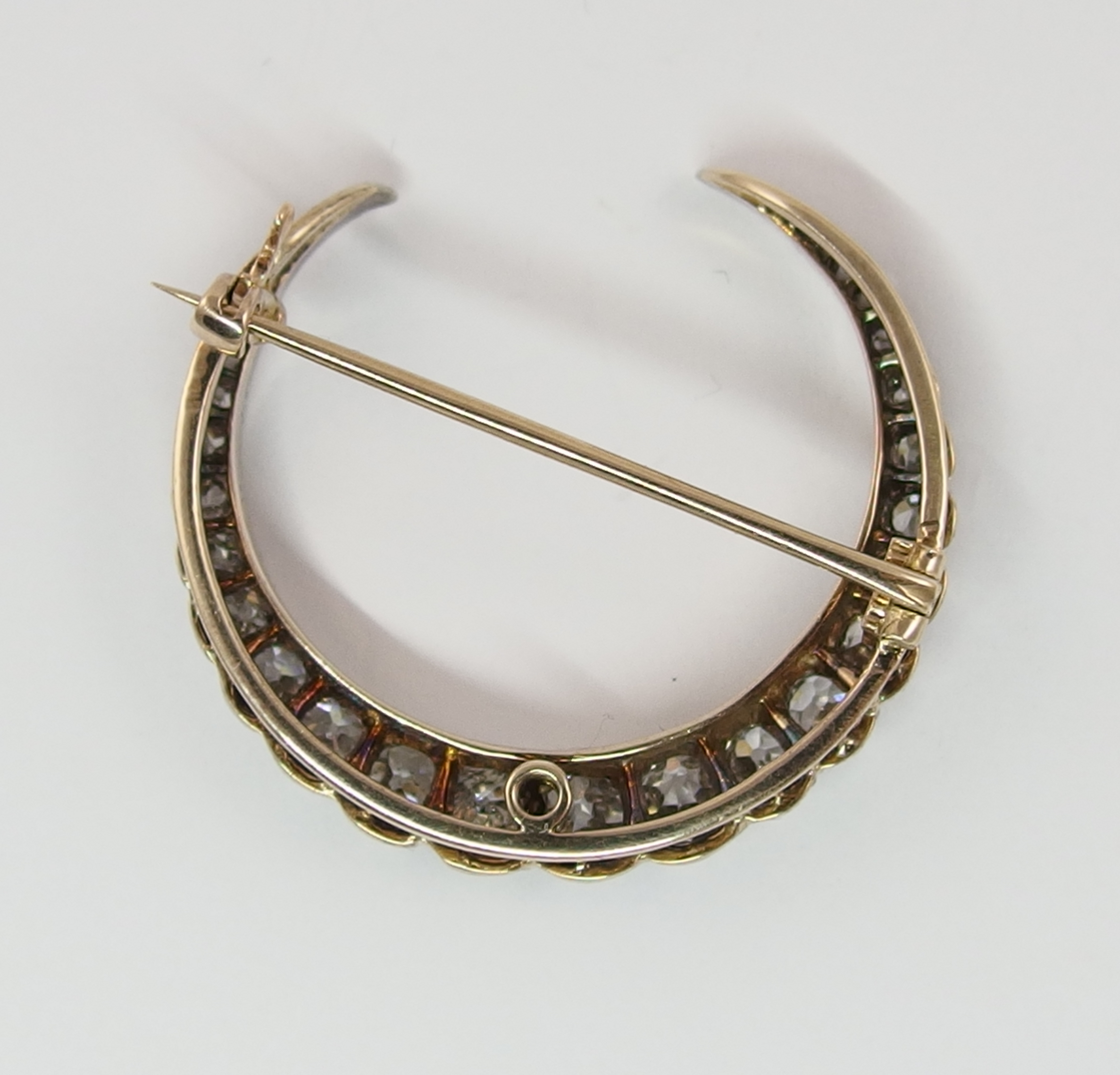 A Victorian diamond crescent moon brooch set with approximately 1.80cts of old cut diamonds in an - Image 2 of 2
